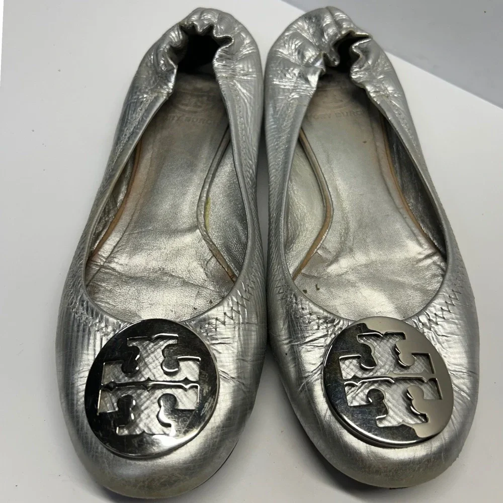 Tory Burch Reva Ballet Flats Silver Womens Size 7 Metallic Leather Logo Logo